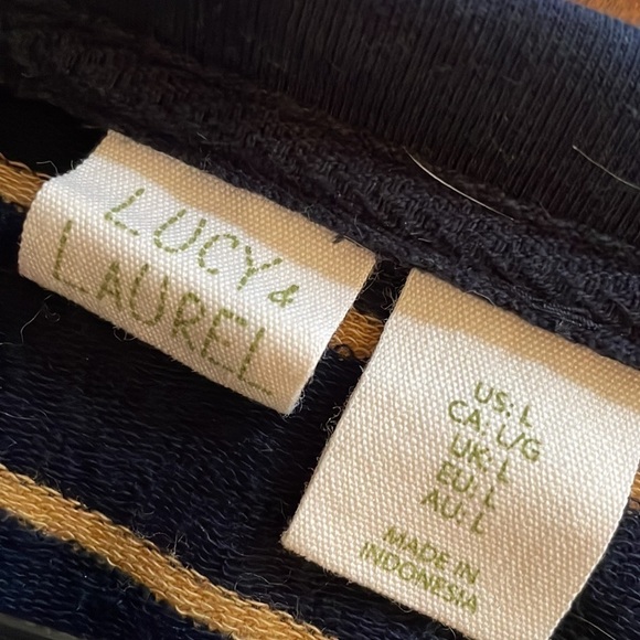 Gold and Navy stripe tunic with jean color trim on bottom - Picture 3 of 3